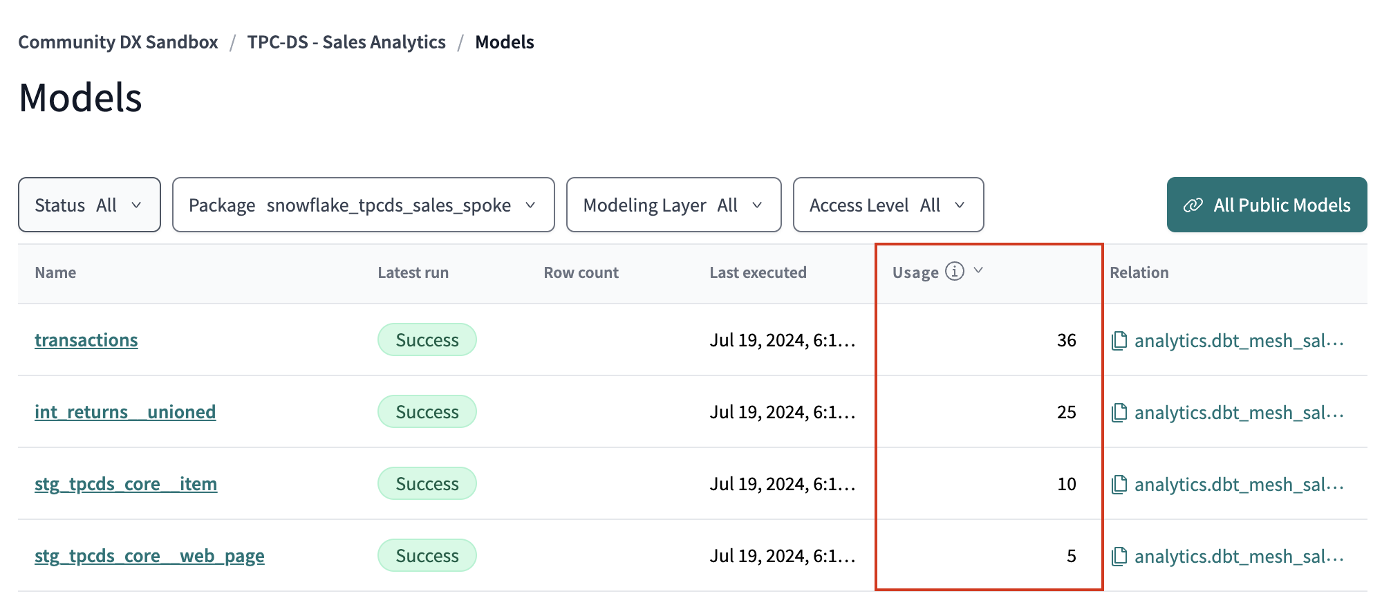 View models query history in the 'Models' list page under the 'Usage' column. View models query history in the 'Models' list page under the 'Usage' column.