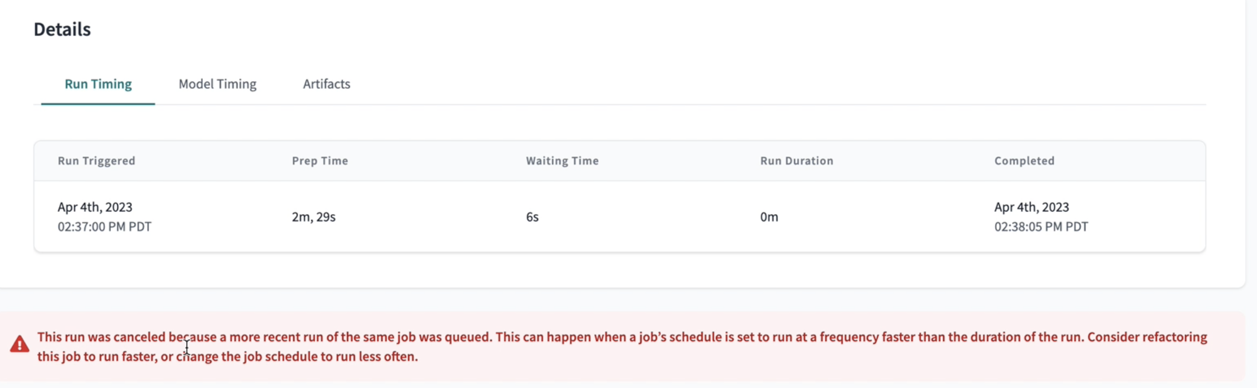 The cancelled runs display an error message explaining why the run was cancelled and recommendations The cancelled runs display an error message explaining why the run was cancelled and recommendations